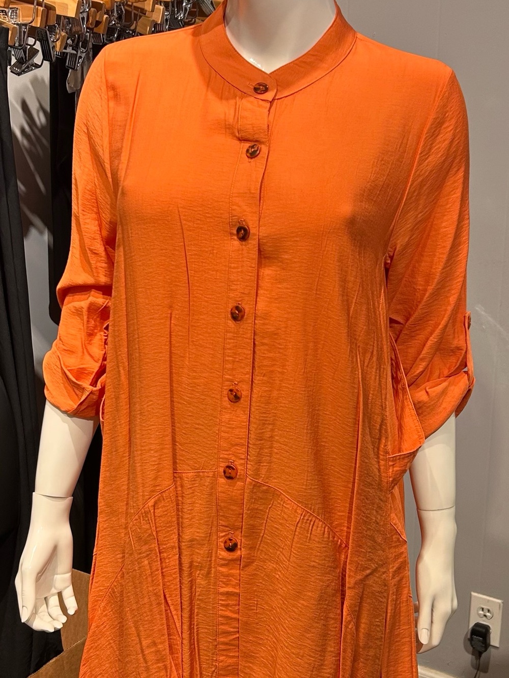 Bright Orange Button-Front Tunic with Mandarin Collar